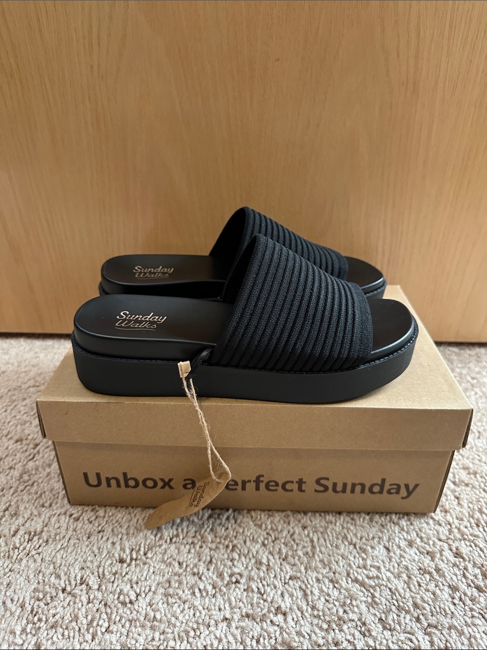 Black Ribbed Slide Platform Sandals - Picture 5 of 6